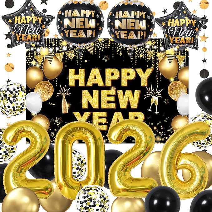 KALOR New Years Eve Party Supplies 2026 Set, 70 Pack - Gold and Black New Year Banner, Gold 2026 Number Balloons Backdrop 2026 for New Year Eve Decorations