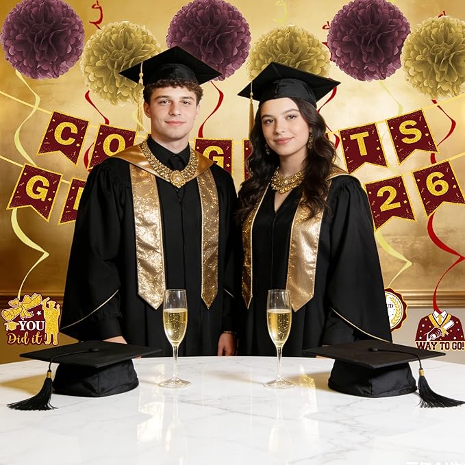 17 Pcs Maroon and Gold Graduation Decorations, Congrats Grad 2026 Banner Set with Hanging Swirls & Tissue Paper Pom Poms, Class of 2026 Graduation Party Decor