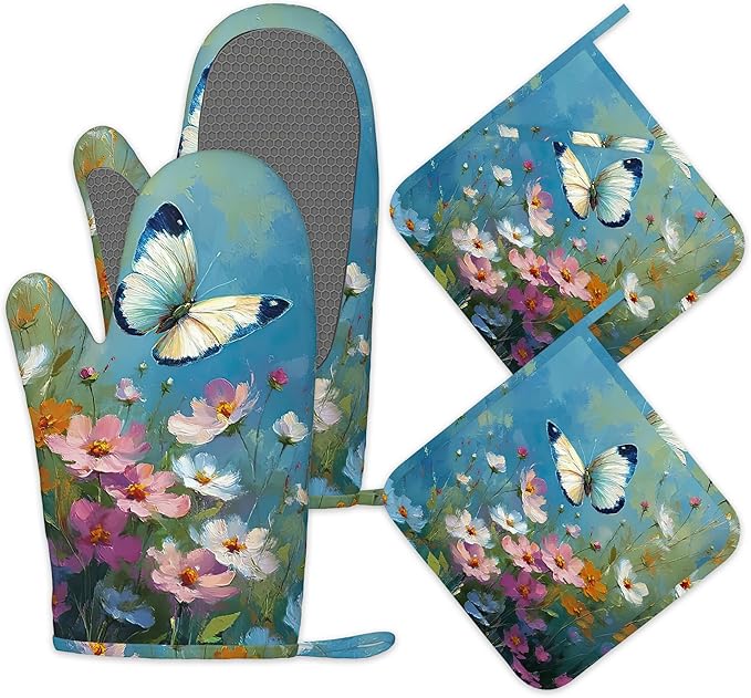 Oil Painting Wild Flowers Butterfly Oven Mitts and Pot Holders Set of 4, Heat Resistant Non Slip Kitchen Gloves Hot Pads,Chef Cooking Baking Gifts for Women Bakers,Kitchen Cooking Lover Cooks