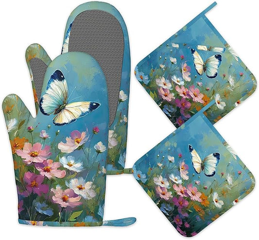 Oil Painting Wild Flowers Butterfly Oven Mitts and Pot Holders Set of 4, Heat Resistant Non Slip Kitchen Gloves Hot Pads,Chef Cooking Baking Gifts for Women Bakers,Kitchen Cooking Lover Cooks