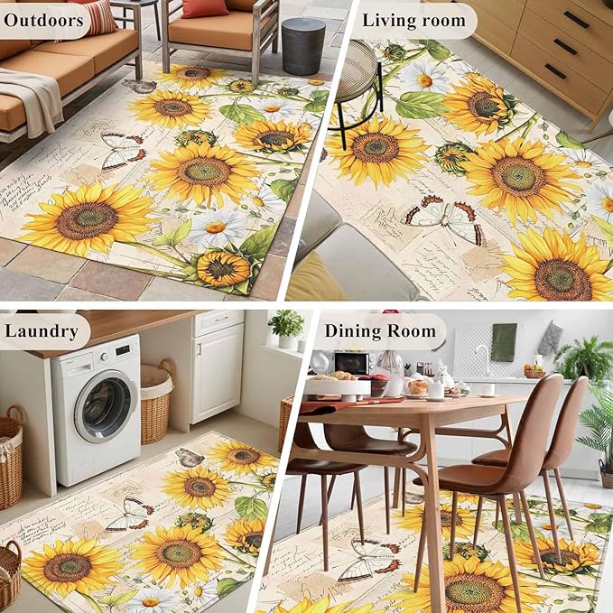 Sunflower Farmhouse 3x5 Area Rugs, Retro Floral Butterflies Non-Skid Rubber Backing Large Rectangle Rugs - Living Room Bedroom Home Office, Spring Summer Indoor Floor Mat Carpets Washable Rug