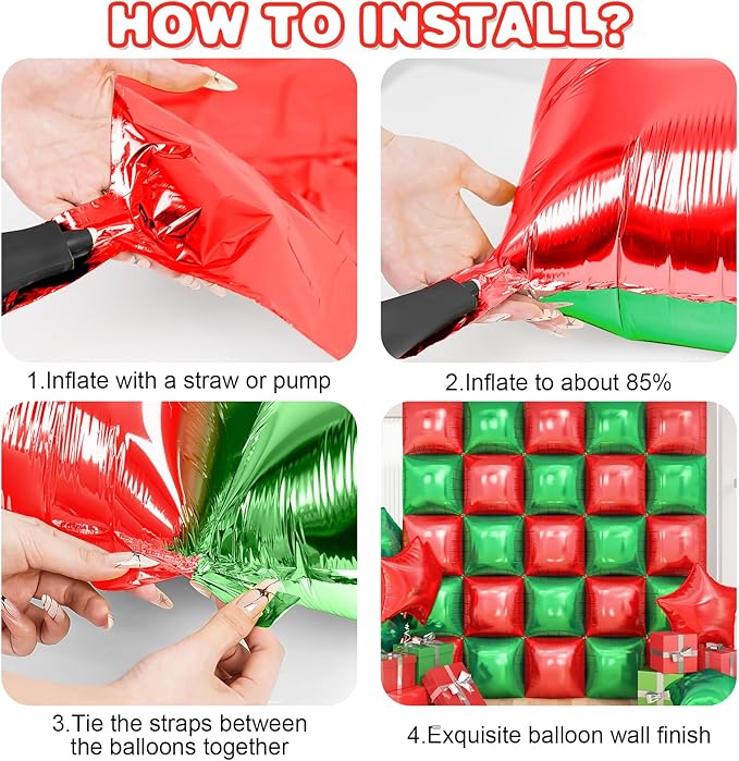 Red Green Square Foil Balloon Wall,25Pcs Double Sided Balloon Backdrop Helium Balloons Tunnel Arch Garland Kit for Christmas Birthday Anniversary Party Decorations