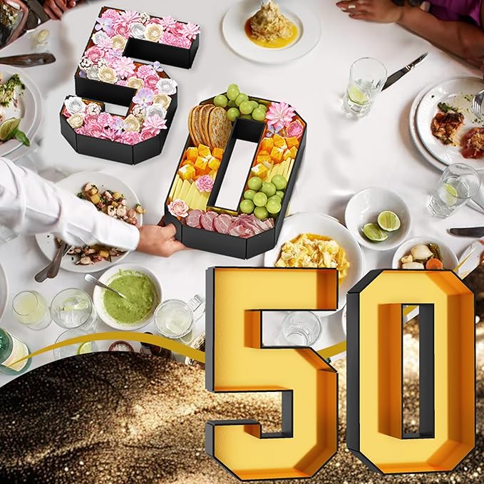 50 Cardboard Numbers for Charcuterie Fillable 13.8'' Black Gold Paper Mache Number Shaped Cupcake Pans Board Box Trays Container for Food Candy 50th Birthday Party Decorations Anniversary