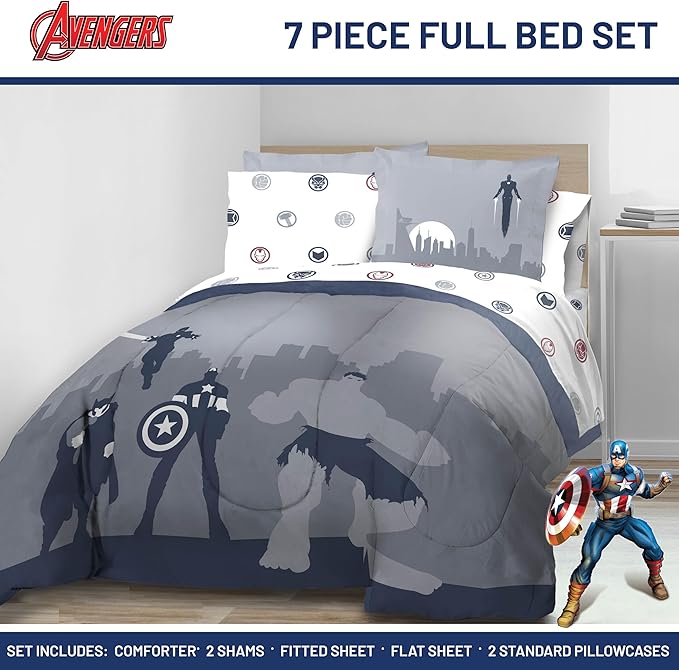 Jay Franco Marvel Avengers Full Size Comforter Set - 7 Piece Bedding Includes Sheet Set & Pillow Covers - Super Soft Cozy Bedding with Captain America, Hulk, Iron Man and Thor