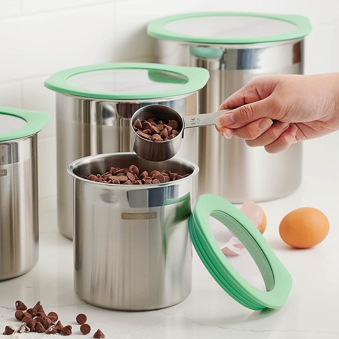 Tramontina 4-Piece Food Storage Containers with Silicone Lids, Stainless Steel Reusable Canister Set, Kitchen Pantry Organizer for Oats, Flour, Cereal, Sugar, Snacks (Mint Green)