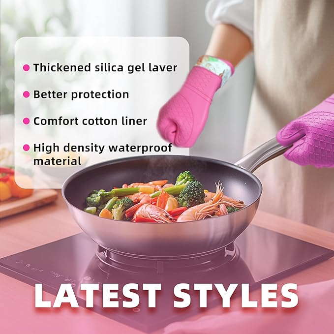 Pair of 2 Heat-Resistant Silicone Oven Mitts – Extra Long, Non-Slip Grip, Soft Cotton Lining, Perfect for Baking, Cooking & BBQ – 13” x 7” Kitchen Gloves (Pink Rose)