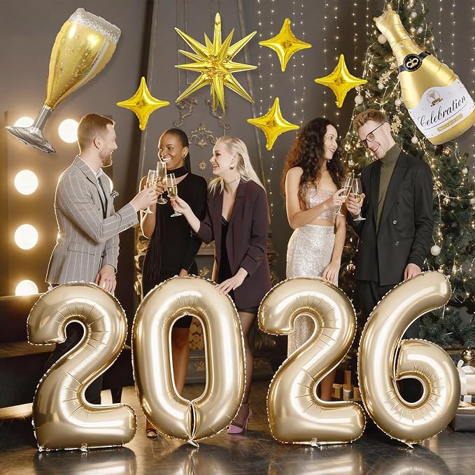 Light Gold 2026 Balloons, 40 Inch Number Champagne Gold Foil Balloons, Gold Star Balloon Champagne Bottle Glass Balloon for Happy New Years Eve Party Supplies 2026 Class of 2026 Graduation Decorations