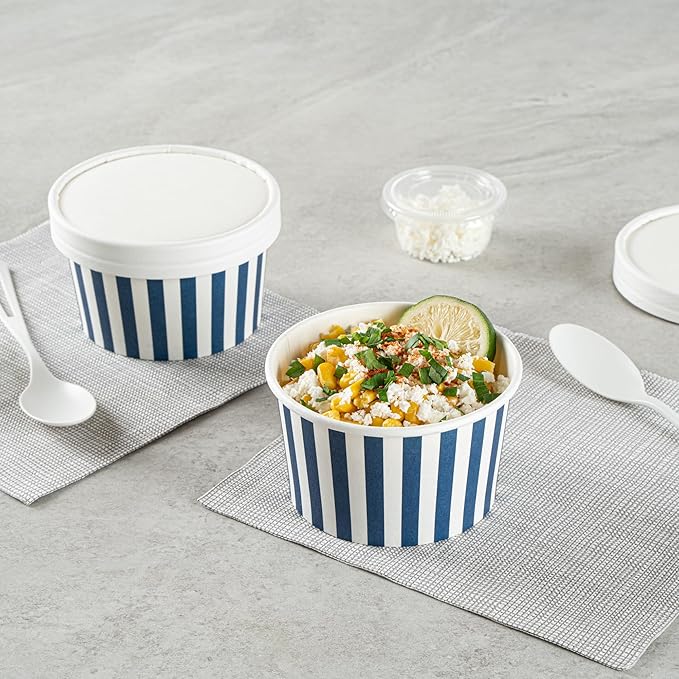Restaurantware Coppetta 12 Ounce Dessert Cups, 50 Disposable Ice Cream Cups - Lids Sold Separately, Sturdy, Blue And White Paper FroYo Bowls, Striped, For Hot And Cold Foods, Perfect For Gelato
