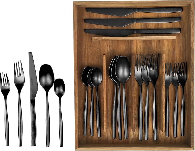 Bloomhouse - Two Time Oprah's Favorite Things Winner - 20 Piece Stone Washed Black Flatware 18/10 Stainless Steel Silverware Cutlery Utensil Set With Acacia Wood Caddy - Service for 4