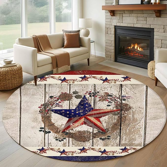 Washable Round Area Rug Retro USA Flag Star and Berry Circle Rugs Floor Carpet for Living Room Bedroom, Wooden Texture Soft Non Slip Round Rug 5ft