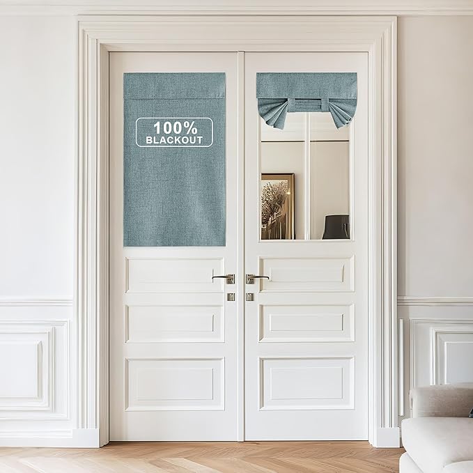 NICETOWN 100% Blackout Door Curtains 50 inches Long, Linen Thermal Insulating Privacy French Door Window Tie Up Shades Sidelight Curtains for Kitchen, W26 x L50 inches, Skylark Blue, 1 Panel