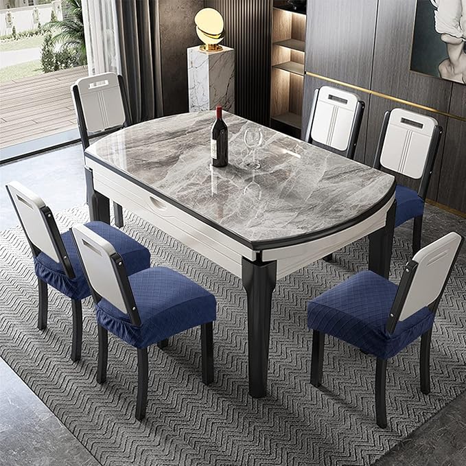 Genina Waterproof Seat Covers for Chairs,Set of 2 Dining Room Chair Seat Covers for Kitchen,Stretch Jacquard Removable Washable Dining Chair Slipcovers Protectors with Rear Covers, Navy Blue