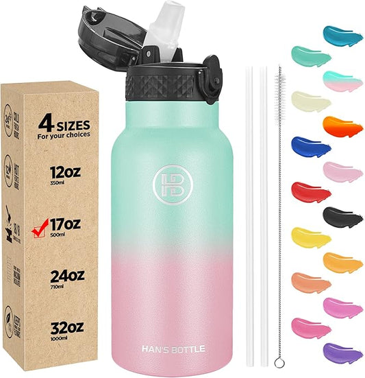 Han's Bottle Kids Water Bottle with Straw Lid - Insulated Stainless Steel Reusable Tumbler for Girls,Boys,Thermo Mug,17oz,Bubble Gum