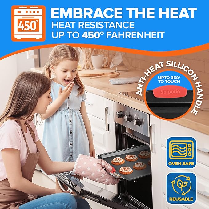 Emporio Kitchen Baking Pan Set - Nonstick Coating, Carbon Steel Bakeware Set with Red Silicone Handles, PFOA, PFOS, PTFE Free, Recipe Booklet Included, Oven Safe Tray (Up To 450° F), Set of 25 - Black