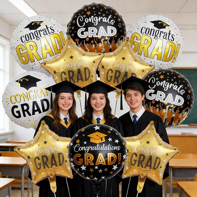 Graduation Balloons Set -12 Pcs Black Gold Congrats Grad Foil Balloons Decor,GRAD Letters Mylar Balloons Class of 2026 Congrats Grad for College High School Graduation Party Decorations Supplies