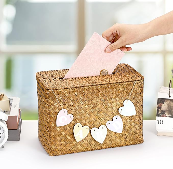 Hipiwe Handwoven Decorative Wedding Card Basket Card Receiving Box with Slot for Bridal Shower Retirement Anniversaries Decorative Card Holder, Caramel Color