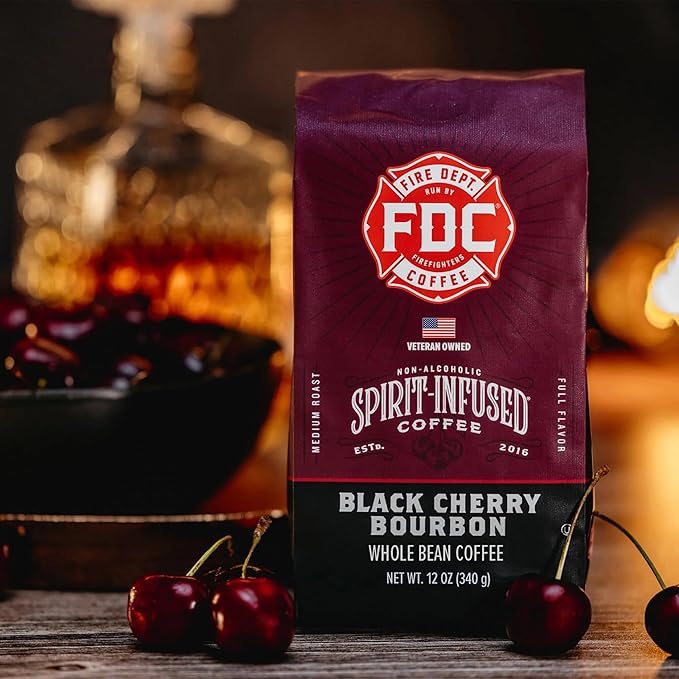 Fire Department Coffee - Black Cherry Bourbon Coffee - Gives Back to Firefighters - Premium Bourbon Infused Whole Bean - Non-Alcoholic - Roasted in the USA - Veteran Owned (12 oz, Pack of 2)