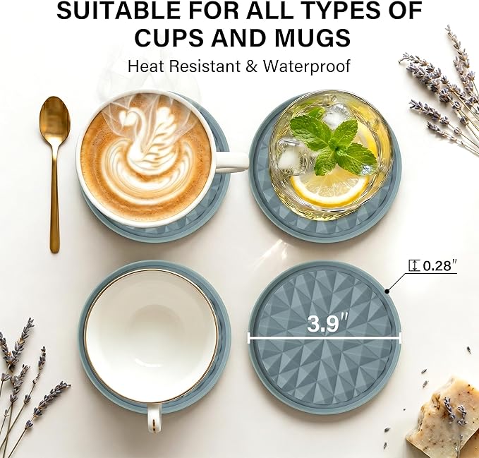 Silicone Coasters for Drinks[8 Pack, No Holder]- Cup Mat for Tabletop Protection-Non-Slip, Non-Stick, Coffee Table Decor, Great Gift for Any Occasion, Light Blue