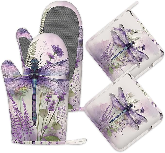 Watercolor Dragonfly Oven Mitts and Pot Holders Set of 4,Lavender Floral Kitchen Glove Heat Resistant Oven Mitts with Non-Slip Silicone for Baking, Cooking, BBQ