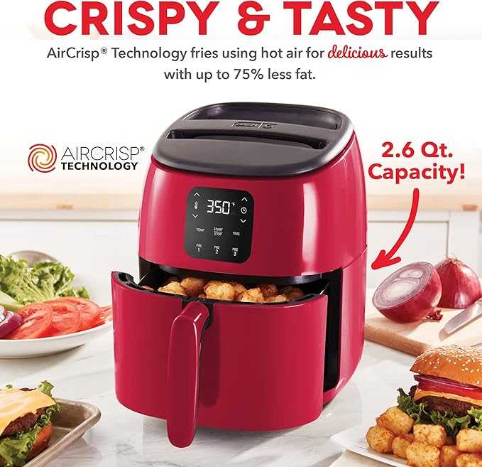 Dash Tasti-Crisp™ Digital Air Fryer – 2.6 Quart Small Compact Mini Air Fryer for French Fries, Nuggets & More, 1-2 People, Auto Shut Off, Adjustable Temp, Dishwasher Safe Parts - Red