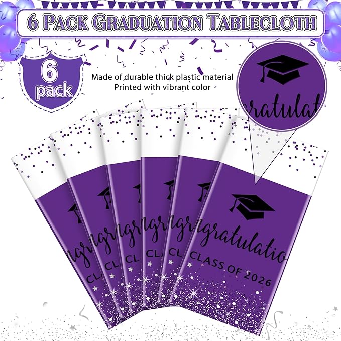 6 Pack Class of 2026 Graduation Tablecloths,Foil Dot Plastic Disposable Rectangle Table Covers for 2026 High School University College Graduation Party Decorations,108*54 Inch (Purple and Black)