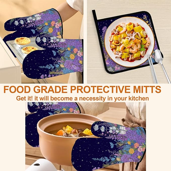 Purple Blue Yellow Flower Pattern Oven Gloves and Hot Pads Set - Heatproof Hand Protection for Baking, Grilling, Cooking 4Pcs