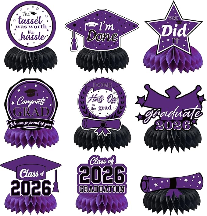 Graduation Decorations 2026 - Purple Graduation Honeycomb for Table Centerpiece | Graduation Party Decorations Class of 2026,Table Toppers for Graduation Party Favors Supplies Indoor Outdoor