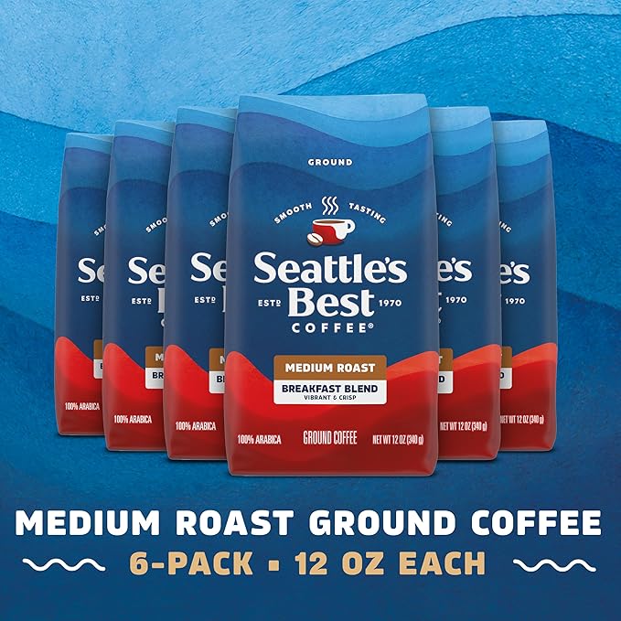Seattle’s Best Coffee, Medium Roast Ground Coffee, Breakfast Blend, 100% Arabica, 6 Bags (12 oz Each)