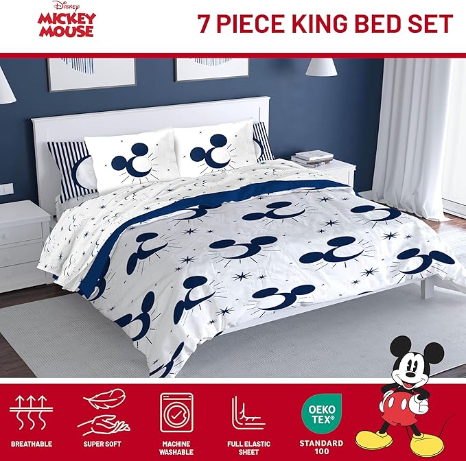 Disney Mickey Mouse King Comforter Set - 7 Piece Bedding Includes Sheet Set & Pillow Covers - Super Soft Cozy Celestial Bedding