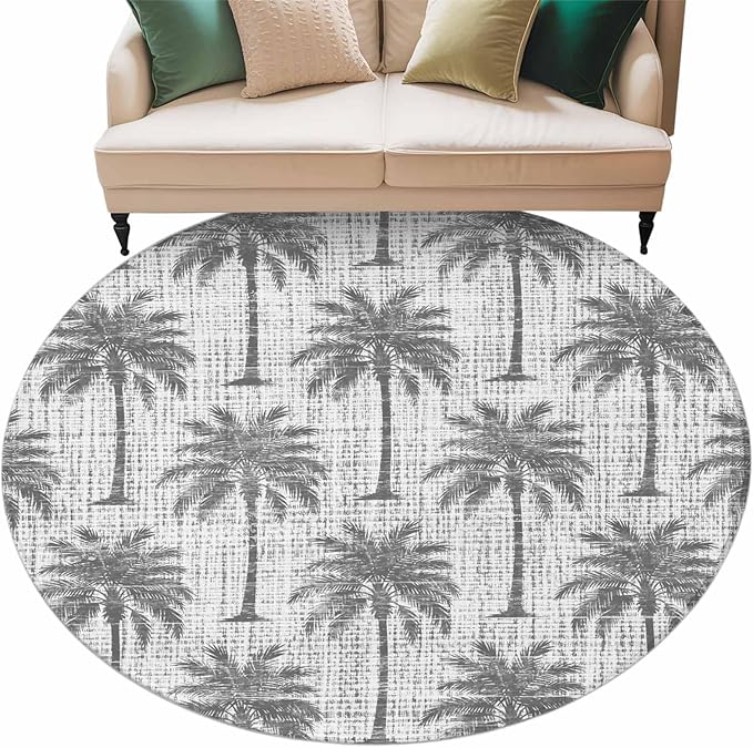 Washable Round Area Rug Summer Palm Tree Retro Linen Circle Rugs Floor Carpet for Living Room Bedroom, Tropical Gray Botanical Soft Non Slip Round Rug 5ft