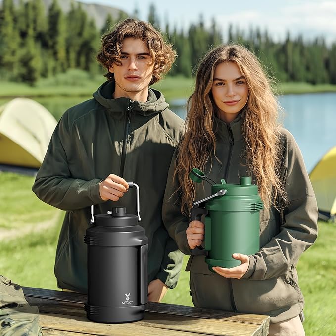 64 oz Insulated Water Bottle for Gym: Meoky Triple Wall Vacuum Stainless Steel Half Gallon Water Jug - Top and Side Handles, 2-in-1 Straw and Spout Lid, Cold for 36 Hrs, Leak Proof for Camping (Navy)