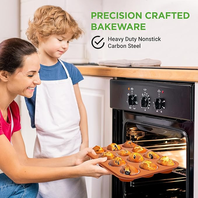 NutriChef 12-cup Copper Oven Muffin Pan, Non-Stick Coated Layer Surface, Even Heating Muffin Tray for Muffins, Cupcakes, Pastries & Mini Pies, Used for Model Number NCBSCC54