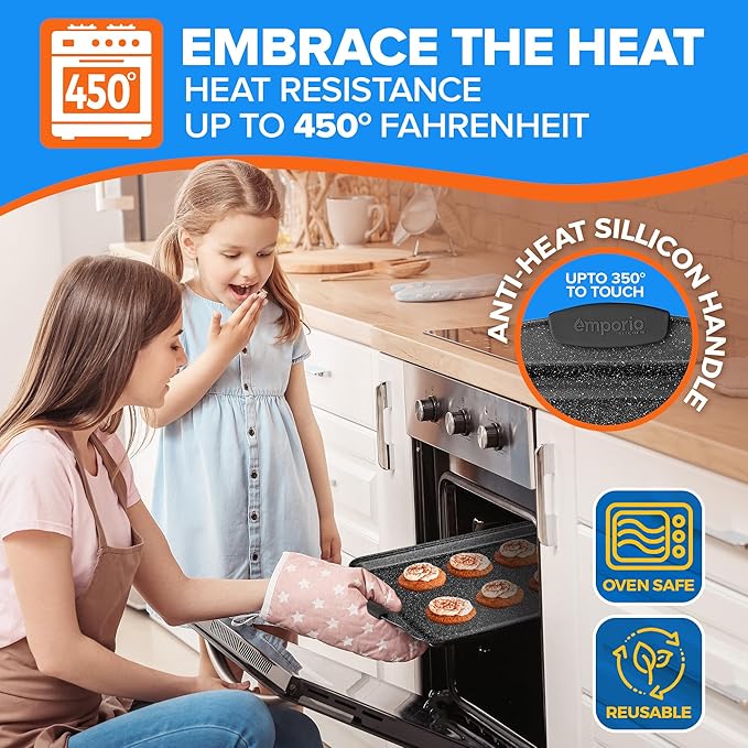 Emporio Kitchen Baking Pan Set - Nonstick Coating, Carbon Steel Bakeware Sets with Gray Silicone Handles, PFOA, PFOS, PTFE Free, Recipe Booklet Included, Oven Safe Tray (Up To 450° F), Set of 6 - Gray