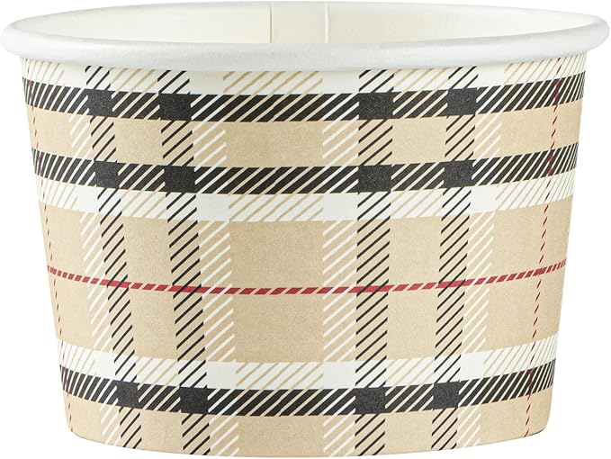 Restaurantware Coppetta 4-Ounce Dessert Cups, 50 Disposable Ice Cream Cups - Lids Sold Separately, Heavy-Duty, Plaid Paper Frozen Yogurt Bowls, For Hot And Cold Foods