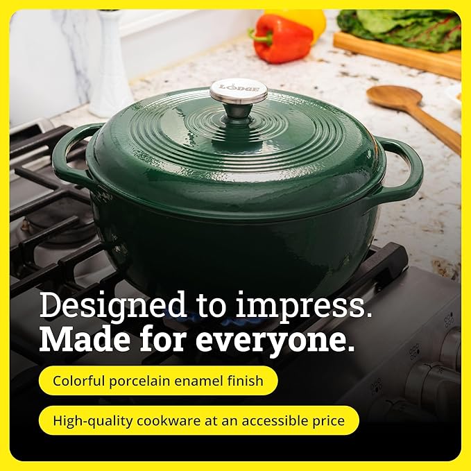 Lodge Essential Enamel Cast Iron Dutch Oven - Perfect for Bread Baking, Braising, Marinating & Slow Cooking - Features Moisture-Sealing Lid & Dual Handles - Kitchen Essentials - 6 Quarts - Evergreen