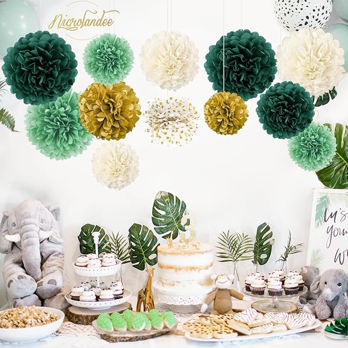 NICROLANDEE Green Wedding Party Decorations - 12 PCS Emerald Green Ivory Tissue Paper Pom Poms for Neutral Baby Shower, Vintage Party, Birthday, Bridal Showers, Rustic Wedding Decorations