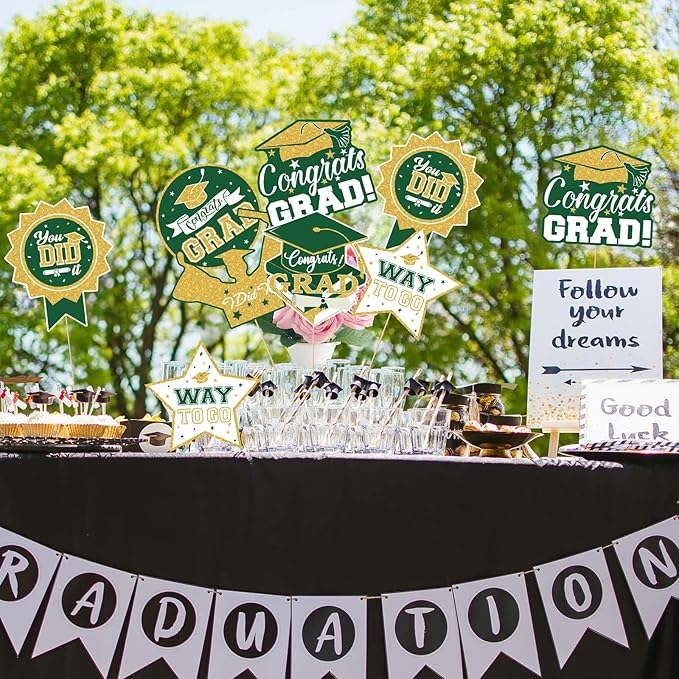 2026 Graduation Party Decorations - 24 Pcs Class of 2026 Congrats Grad Table Centerpieces Graduation Table Decorations Sticks Table Toppers for Graduation Party (Green Gold)