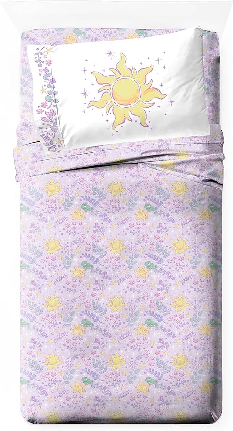 Jay Franco Kids Sheet Set with Fitted, Flat Sheets & Pillow Cover - Ultra-Soft Bedding with Pillowcase for Room Decor, Purple - Disney Princess Rapunzel, 3 Piece Twin