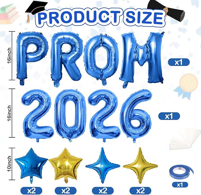 Prom 2026 Balloons Banner, 16 inch Blue Letter Balloons Prom 2026 Sign Decoration with Blue Gold Star Balloon for Class of 2026 Congrats Grad Party Birthday Retirement Graduation Party Supplies