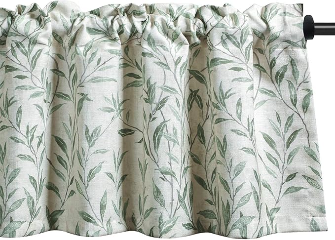 VOGOL Valances for Living Room, Green Leaf Print Small Window Valances for Kitchen Farmhouse Top Pocket 12 Inches Long, One Panel, 52x12