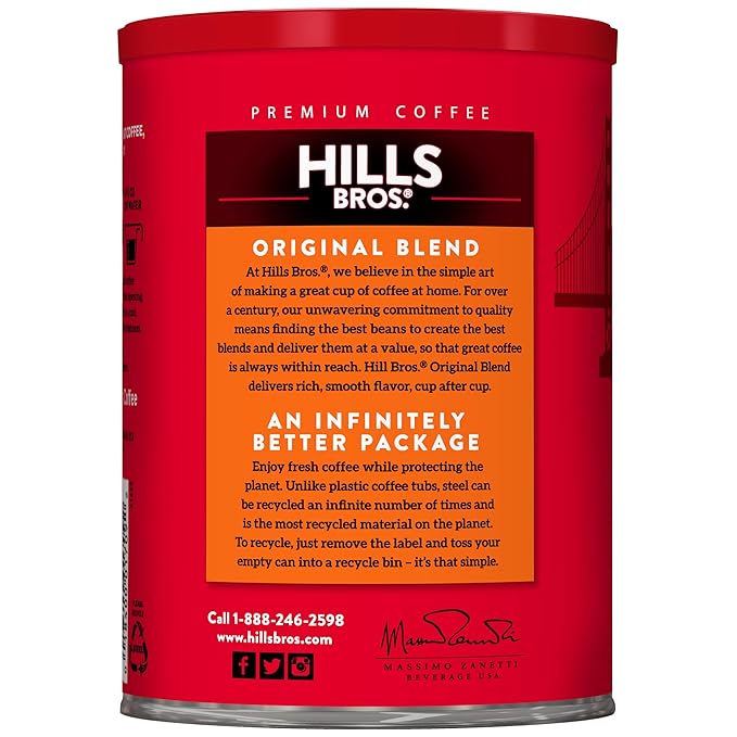 Hills Bros. Original Blend Ground Coffee – Premium Arabica Coffee Beans – Medium Roast, Rich Flavor Cup After Cup – Recyclable Steel Can for Freshness – Certified Kosher – 11.3oz Can, Pack of 6