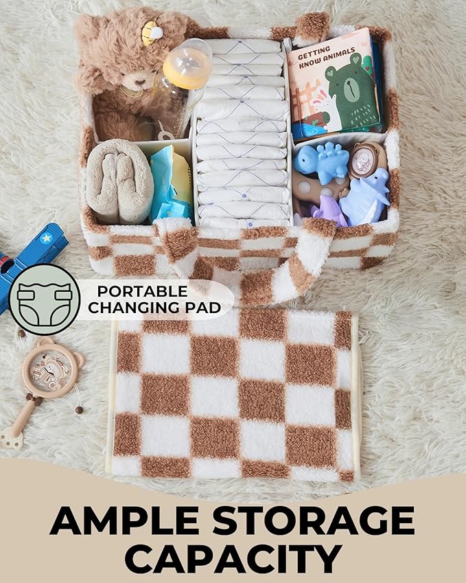 Checkered Diaper Caddy Organizer with Portable Changing Mat - Teddy Fleece Diaper Organizer for Changing Table - Caddy Organizer with Removable Dividers - Light Taupe and White