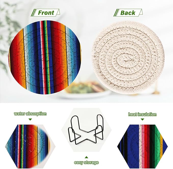 YETTASBIN Mexican Blanket Stripes 6 Pcs Drink Coasters with Holder, Cotton Woven Absorbent Heat-Resistant Round Coaster Non-Slip Table Mat for Kitchen Bar Home Decor Housewarming Gift, 3.9 in