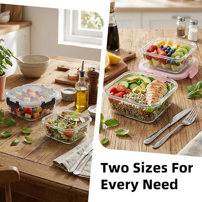 Konokyo Square Glass Food Storage Containers with Lids, 24 Pack Airtight Leakproof Meal Prep Containers, BPA-Free, Microwave Oven Freezer & Dishwasher Safe, Assorted Sizes