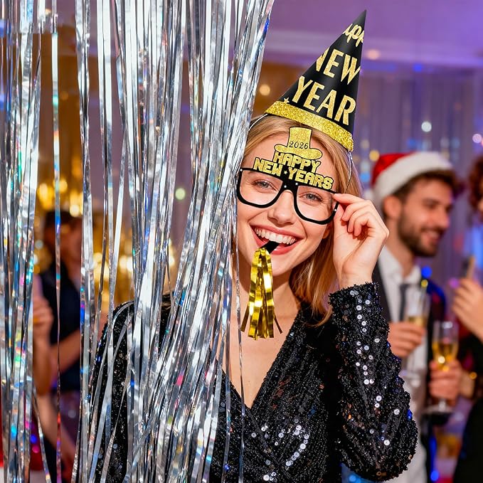 New Years Decorations 2026, New Years Eve Party Supplies 2026 with Happy New Year Banner Silver Fringe Curtains 32inch 2026 Balloons Hats Glasses Noise Makers for NYE Decorations 2026
