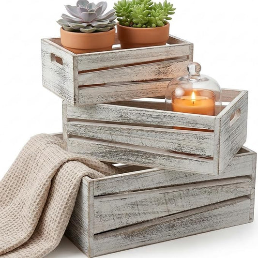 AVLA 3 Pack Wooden Storage Crates, Rustic Nesting Container Bin with Handles, Decorative Farmhouse Wood Basket, Vintage Wood Box Display Risers for Home, Kitchen Pantry Cabinet, Shelf, Counter