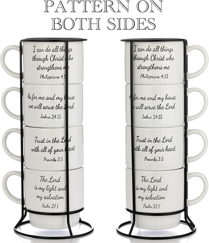 Signature Housewares Stackable Coffee Mug Tower Set with Metal Wire Rack - 15 Ounce Coffee Mugs for Coffee, Tea, Cocoa, Milk, Cappuccino, Hot Chocolate Set of 4 - Inspirational Bible Verses