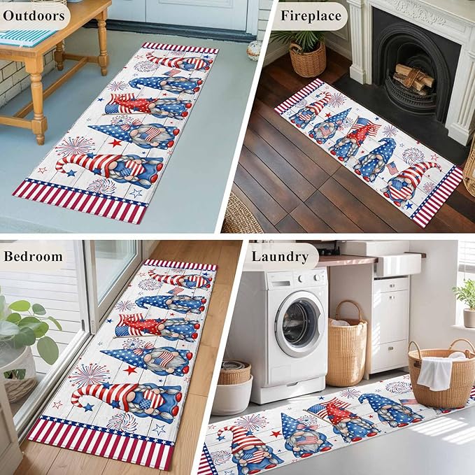 Runner Rug for Bedroom Hallway, Independence Day USA Flag Star Dwarf Kitchen Runner Rugs Area Rug 2x6ft, Stripes on Wood Grain Washable Soft Floor Carpet for Entryway Stair
