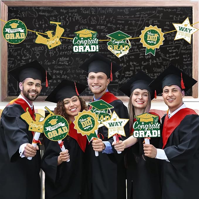 2026 Graduation Party Decorations - 24 Pcs Class of 2026 Congrats Grad Table Centerpieces Graduation Table Decorations Sticks Table Toppers for Graduation Party (Green Gold)
