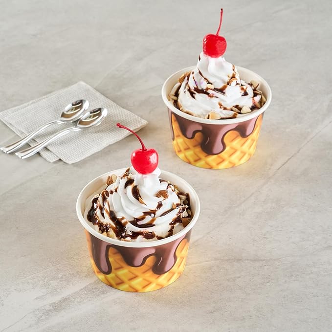 Restaurantware Ice Cream Cups 50 Pack of 8 oz Leak-Resistant Disposable Dessert Bowl Frozen Yogurt Cup Round Paper Container For Cold And Hot Desserts